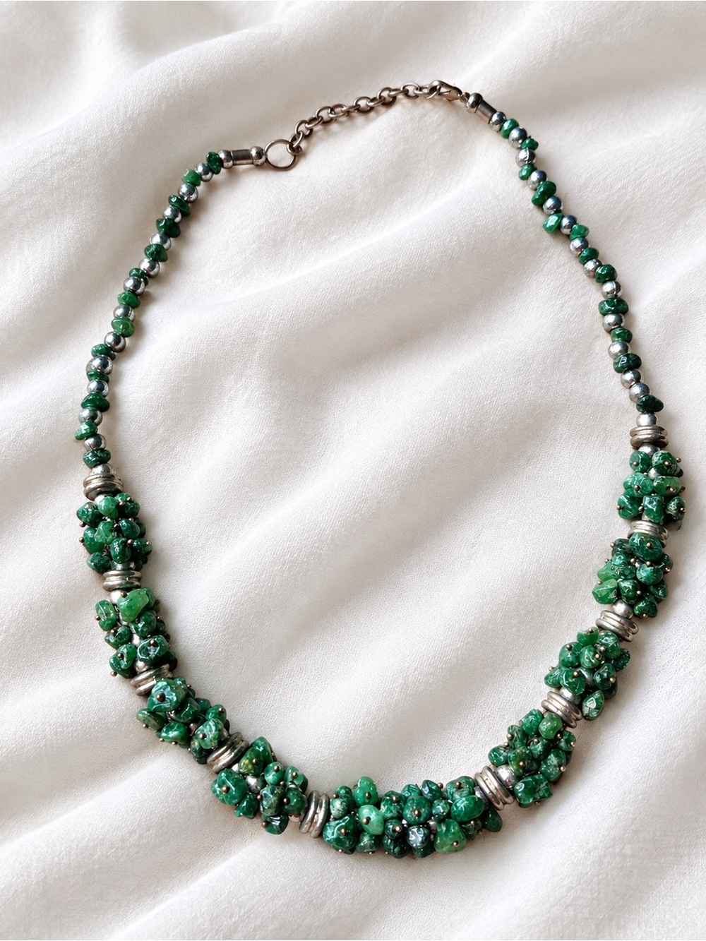 Vintage Green Jade and Silver Cluster Bead Necklace